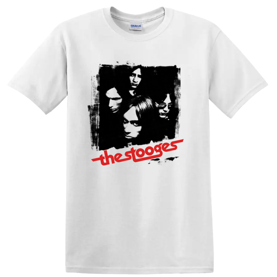The Stooges vintage punk rock portrait collage with red band lettering on a White T Shirt