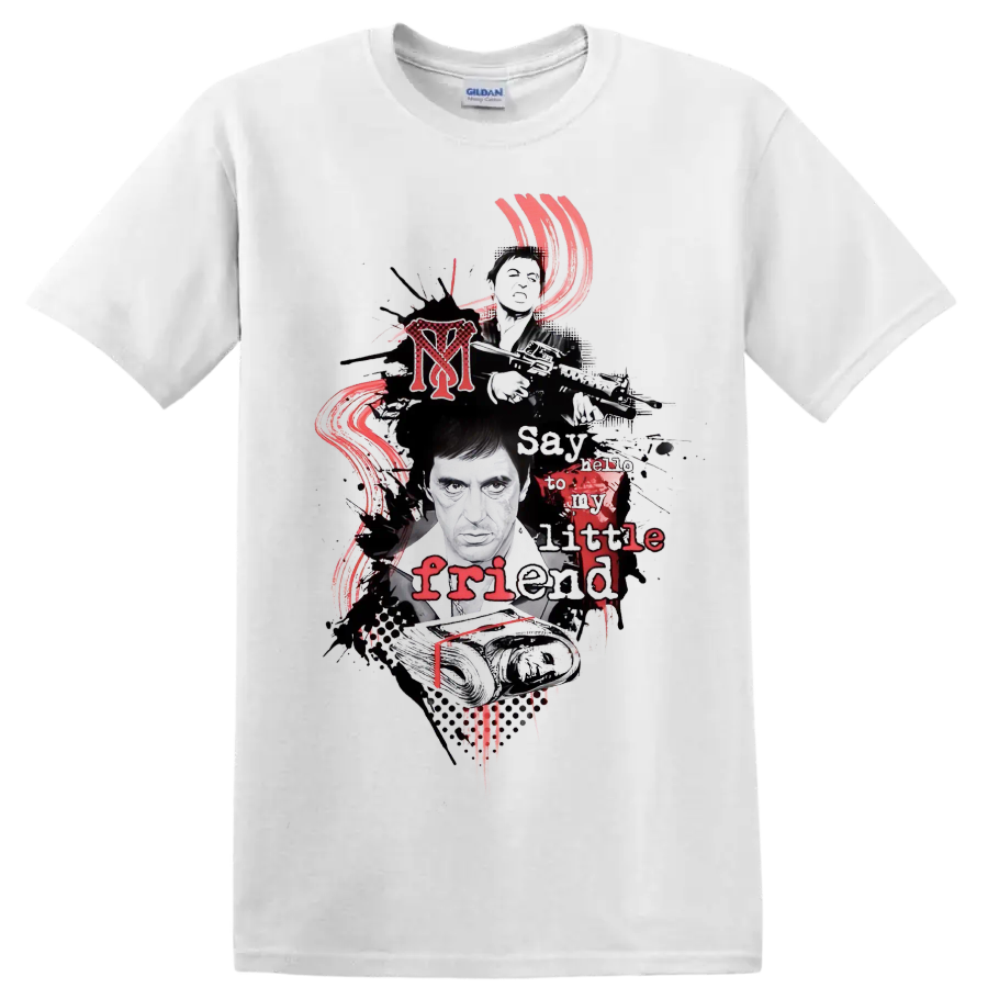 Scarface Tony Montana distressed collage graphic with red accents on a White T Shirt