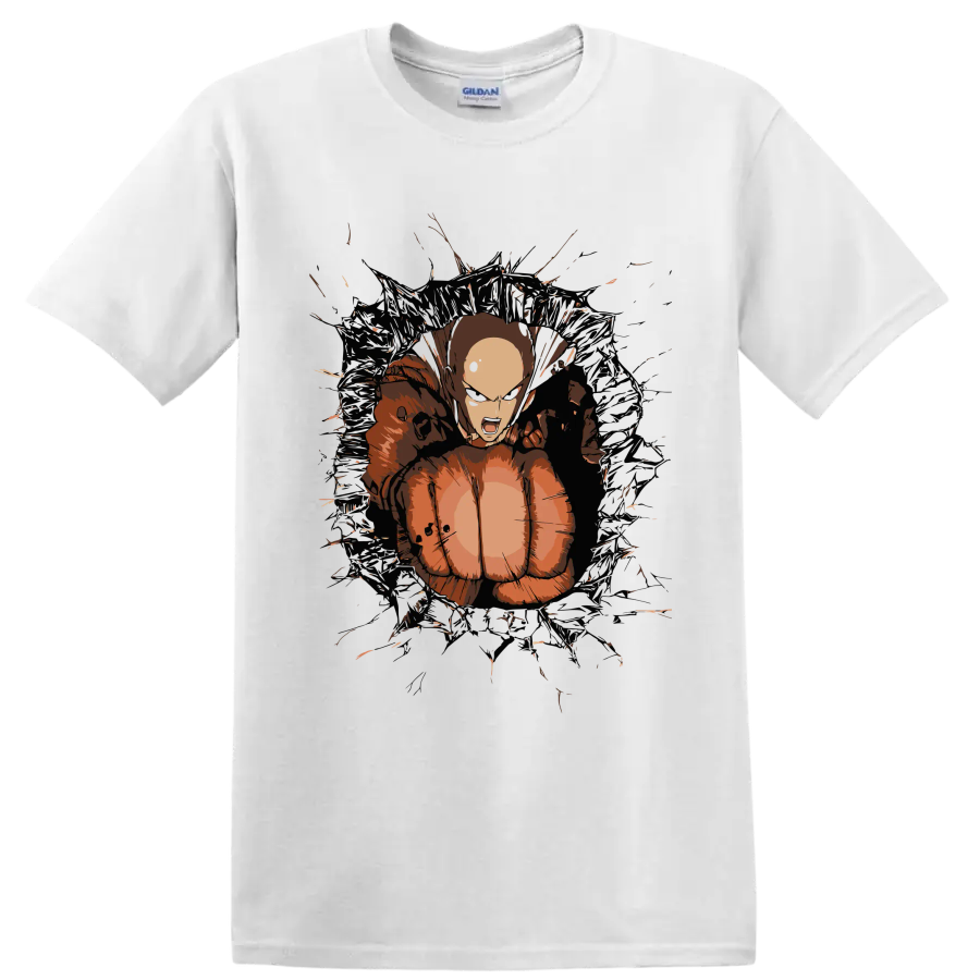Saitama in a distressed anime action graphic from One-Punch Man on a White T Shirt