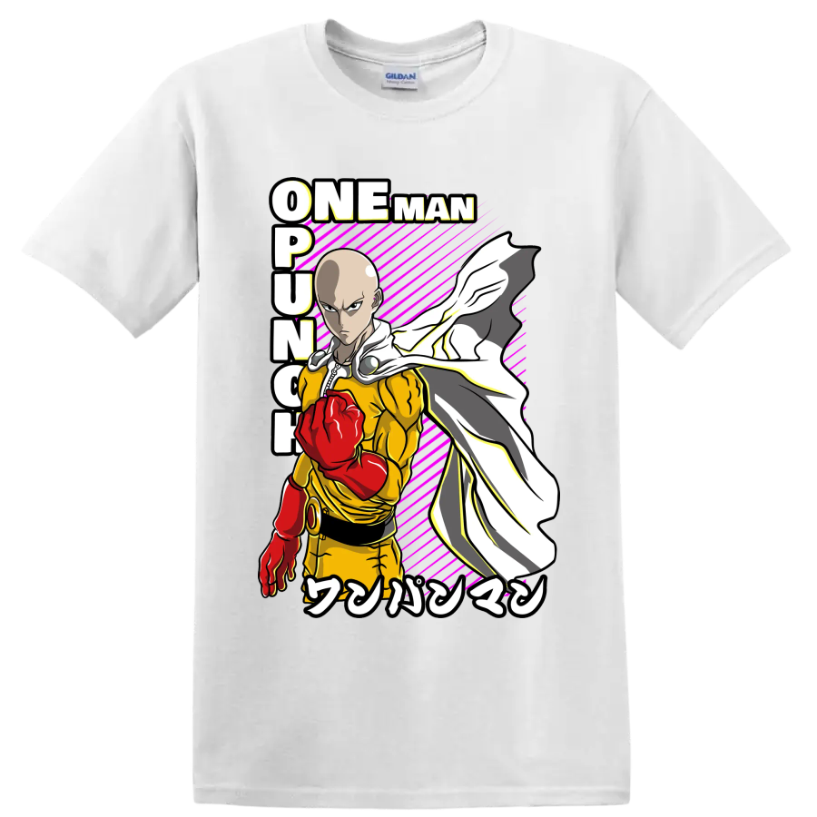 Saitama One-Punch Man action graphic with red glove, flowing cape, and magenta stripes on a White T Shirt