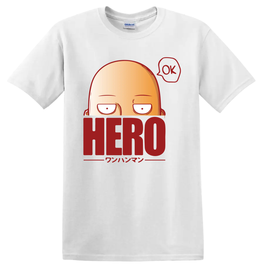 Saitama peeking over HERO lettering in a bold One-Punch Man cartoon graphic on a White T Shirt