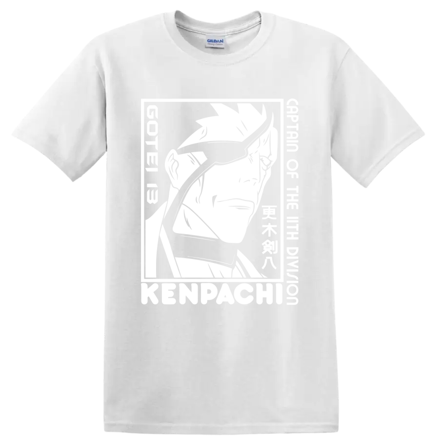 Kenpachi Zaraki black-and-white manga-style swordsman portrait graphic on a White T Shirt