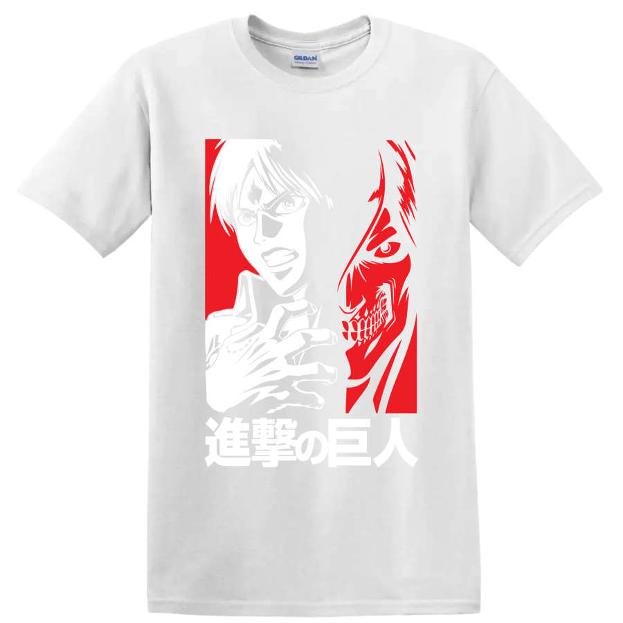 Eren Yeager and Attack Titan split-profile anime graphic on a White T Shirt