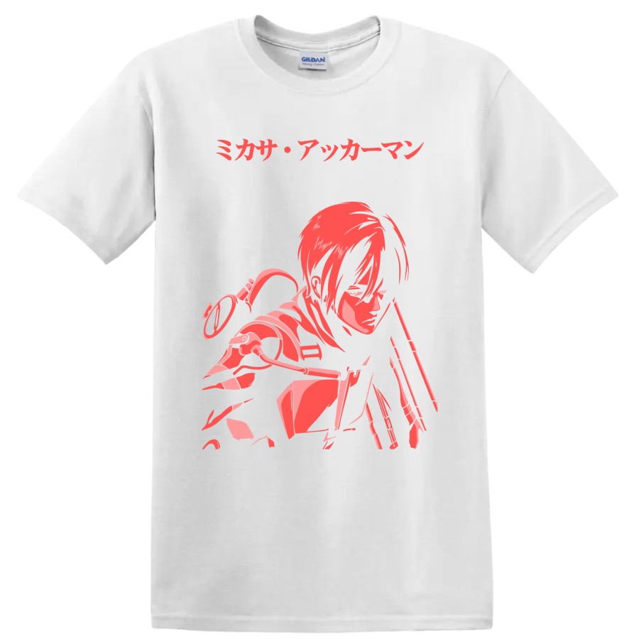 Mikasa Ackerman Attack on Titan red and pink anime action graphic with Japanese text on a White T Shirt
