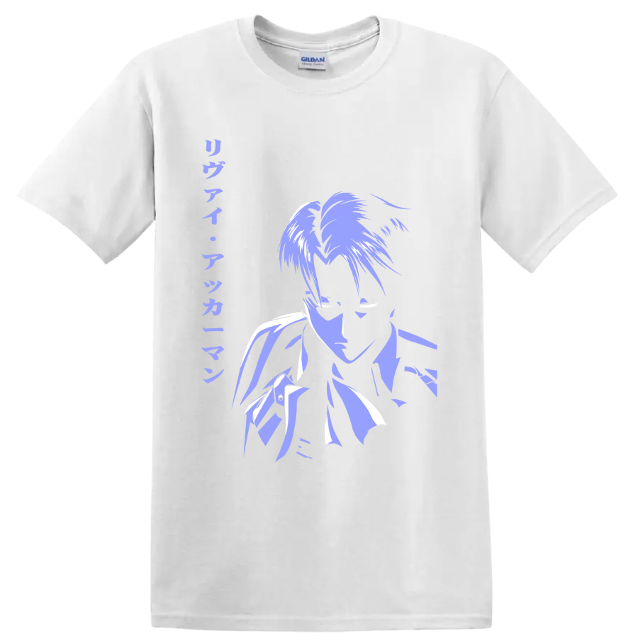 Levi Ackerman lavender and white manga-style portrait graphic from Attack on Titan on a White T Shirt