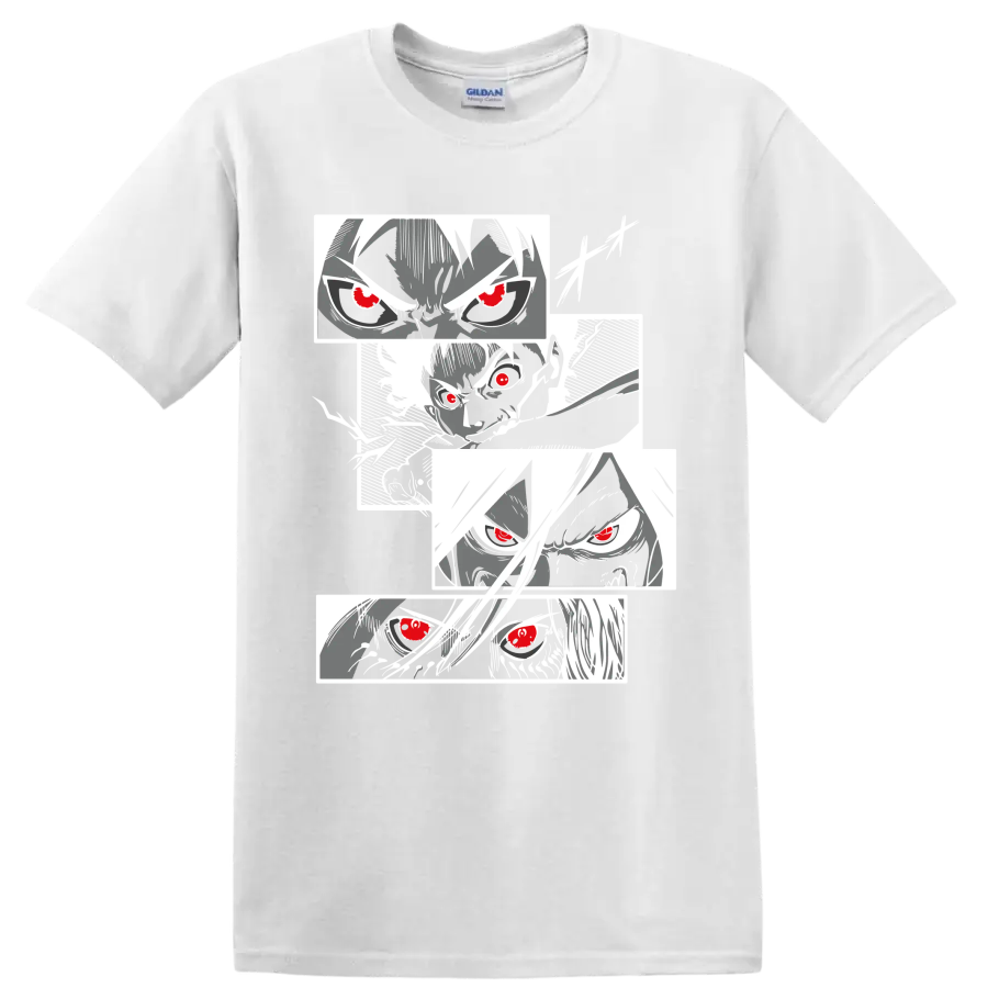 Eren Yeager Attack on Titan manga portrait collage with intense red-eyed faces on a White T Shirt