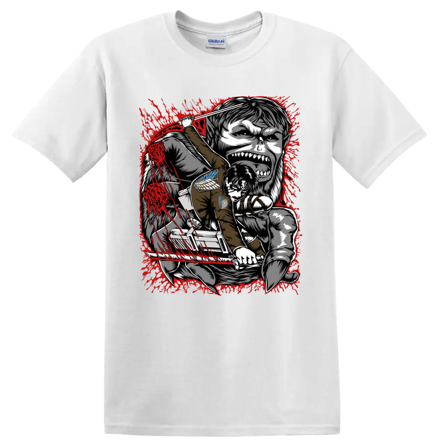 Levi Ackerman battling the Beast Titan in red splatter Attack on Titan manga art on a White T Shirt