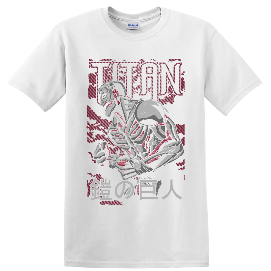 Armored Titan crouching in distressed manga art with TITAN and Japanese characters on a White T Shirt