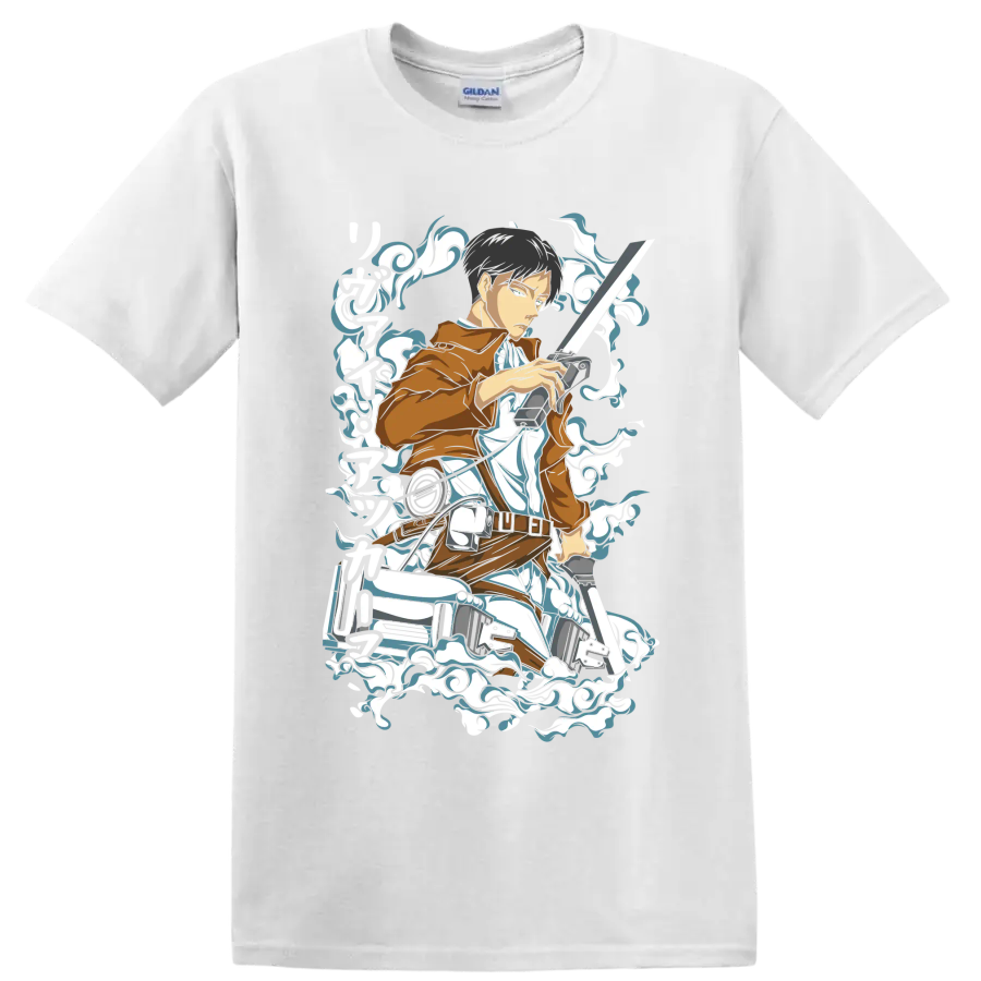 Levi Ackerman Scout Regiment action graphic with blades and swirling smoke accents on a White T Shirt