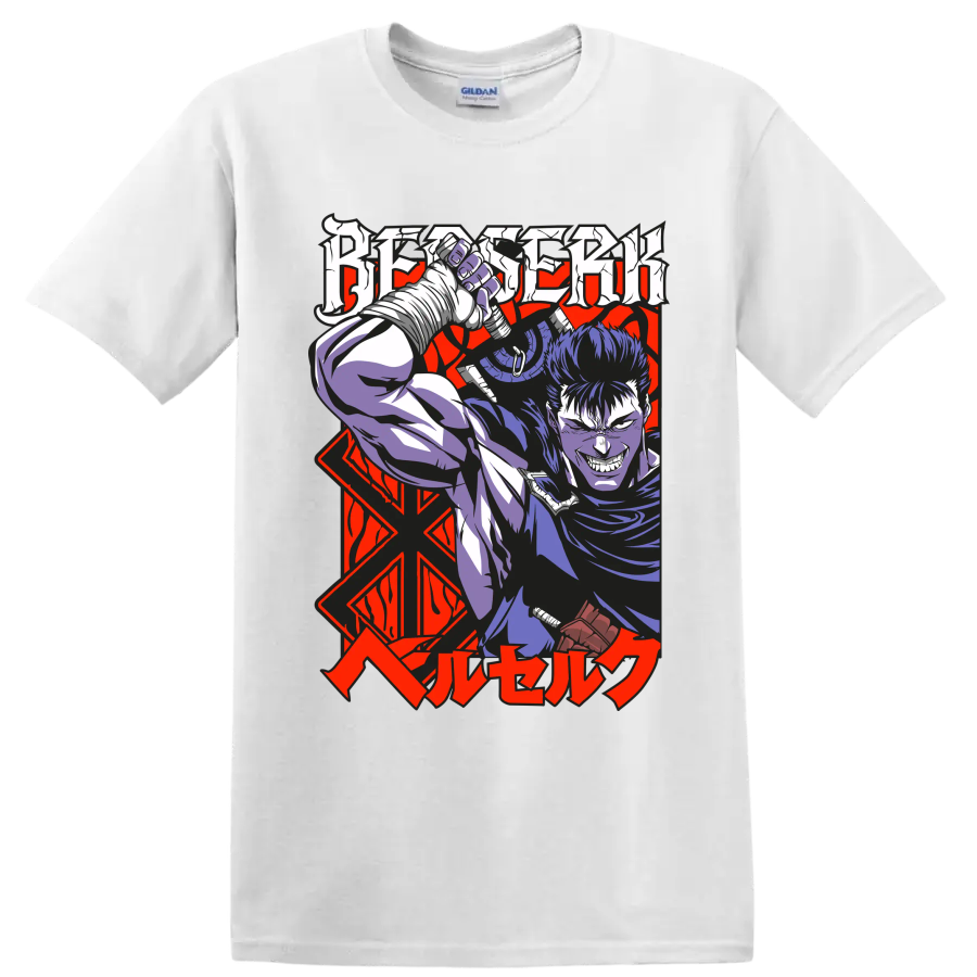 Guts from Berserk wielding a massive sword in bold gothic anime art on a White T Shirt