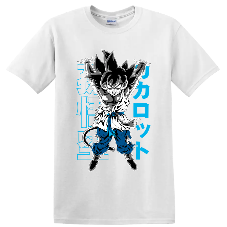 Kid Goku in a Genki Dama-inspired manga action pose with blue Japanese-style characters on a White T Shirt