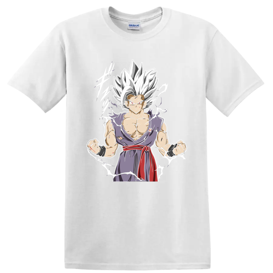 Gohan Beast anime graphic with white hair, torn purple gi, red sash, and energy accents on a White T Shirt