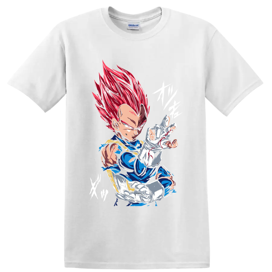 Vegeta Super Saiyan God in a fierce red-haired anime battle pose on a White T Shirt