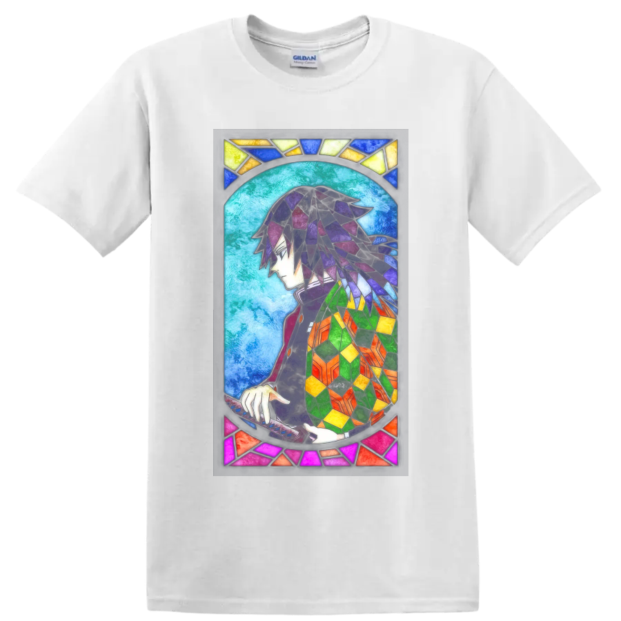 Giyu Tomioka stained-glass-style anime portrait with sword and colorful haori on a White T Shirt