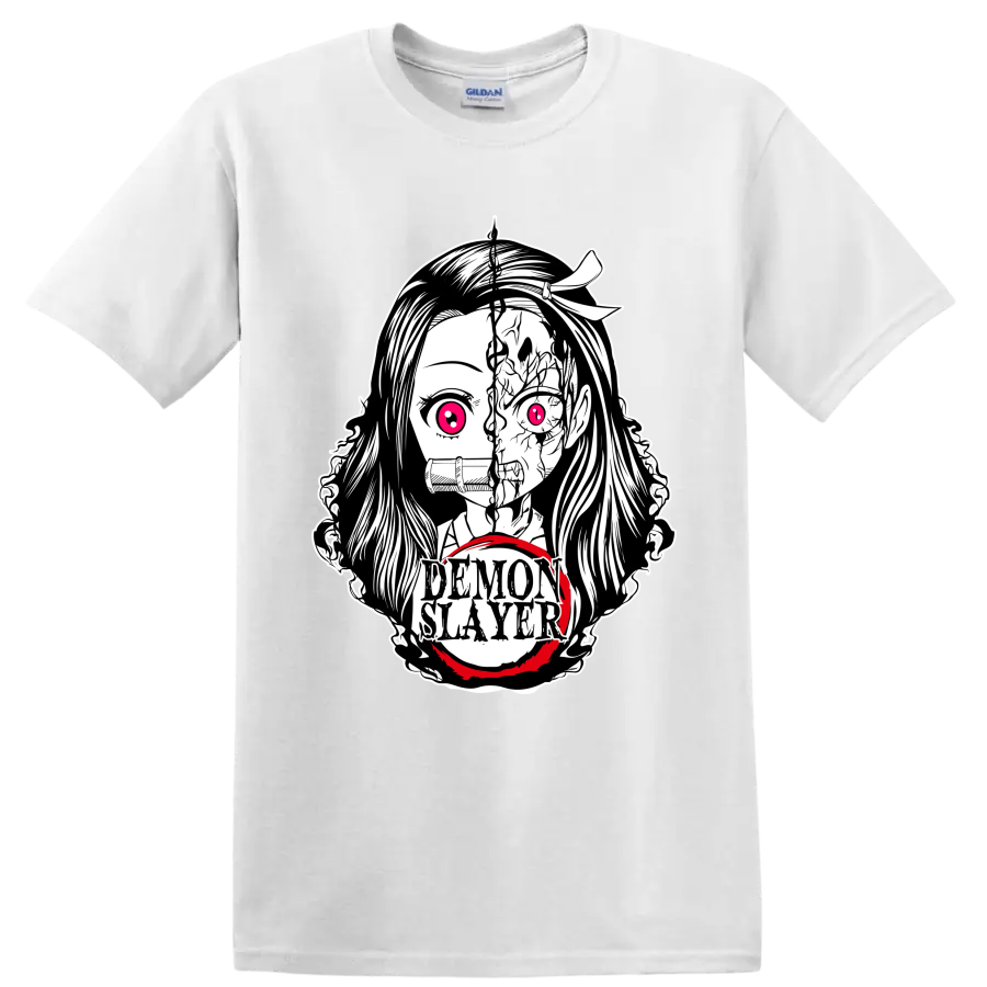 Nezuko Kamado split demon-form manga portrait with bamboo muzzle and Demon Slayer text on a White T Shirt