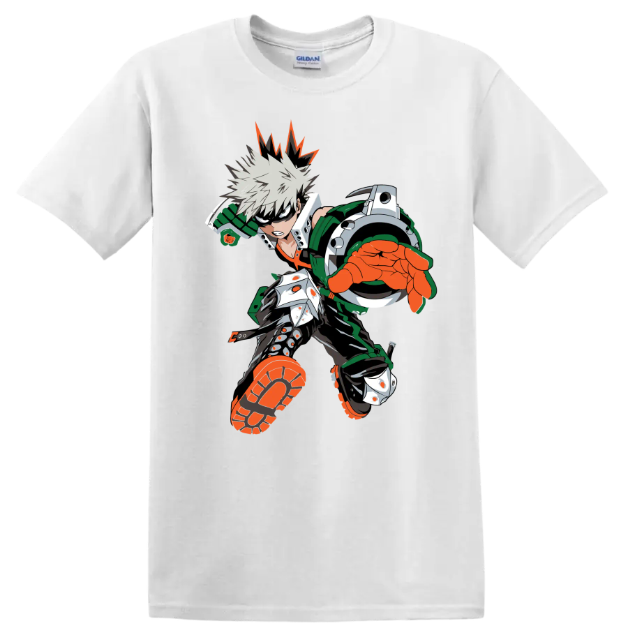 Katsuki Bakugo as Dynamight in a bold forward-charging anime action graphic on a White T Shirt