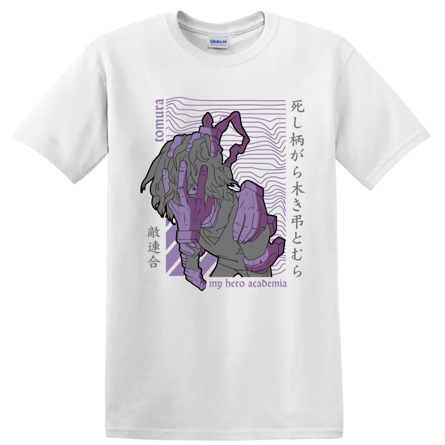 Tomura Shigaraki purple manga-style portrait with signature hand imagery on a White T Shirt