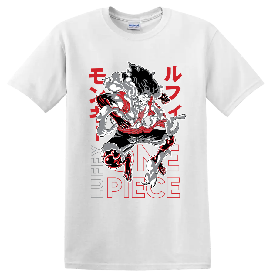 Monkey D. Luffy Gear 4 Snakeman manga-style action graphic with smoke effects on a White T Shirt