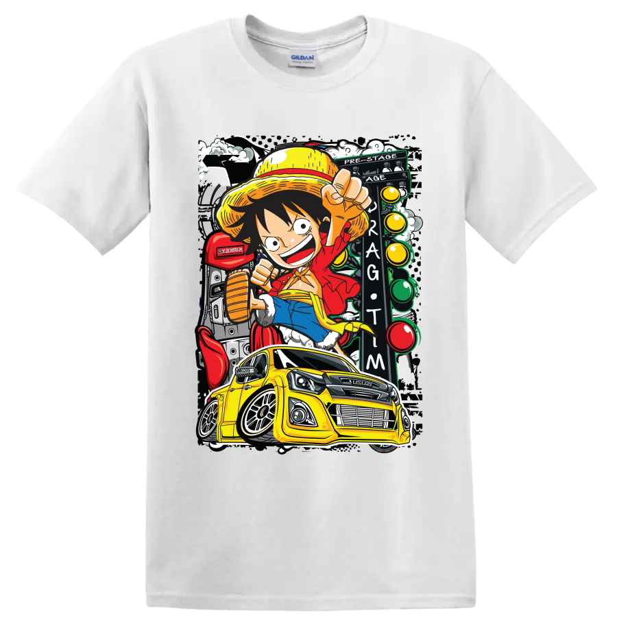 Monkey D. Luffy anime art with yellow Isuzu pickup and Thailook racing scene on a White T Shirt
