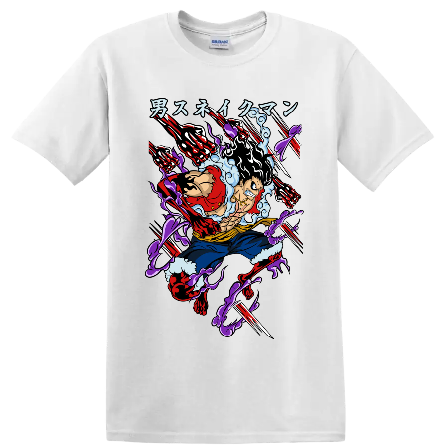 Monkey D. Luffy Gear 4 Snakeman anime-style action graphic with extended arms on a White T Shirt