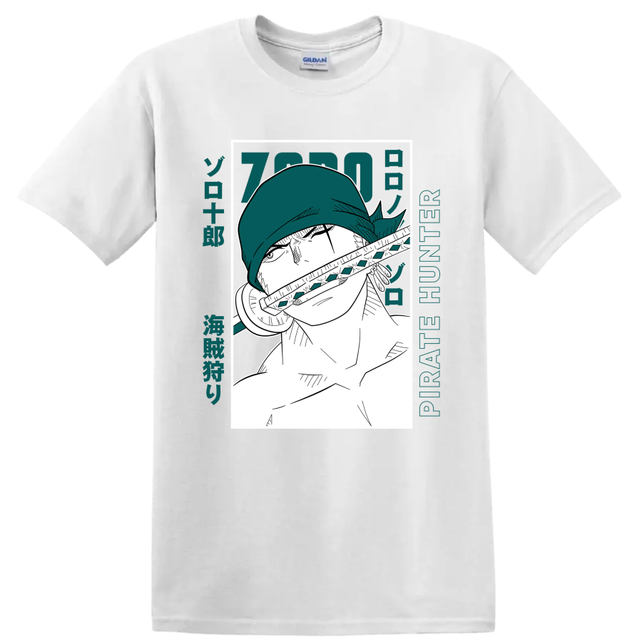 Roronoa Zoro Pirate Hunter manga portrait with sword and teal Japanese-style lettering on a White T Shirt