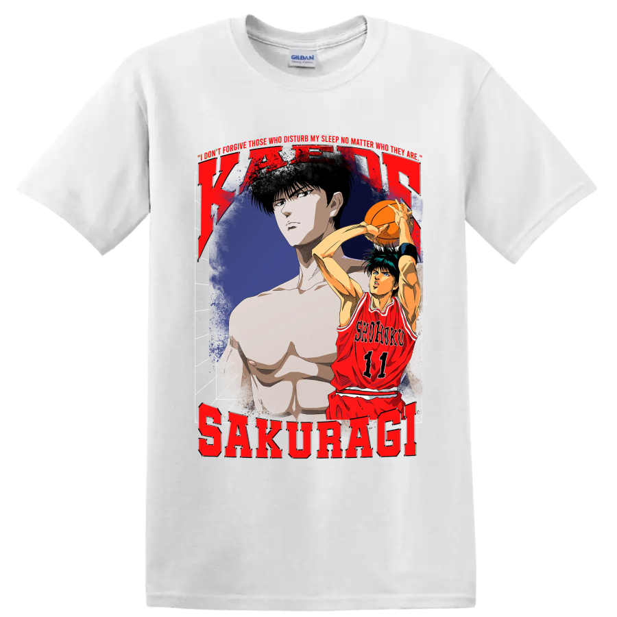 Kaede Rukawa Slam Dunk distressed Shohoku 11 basketball anime graphic on a White T Shirt