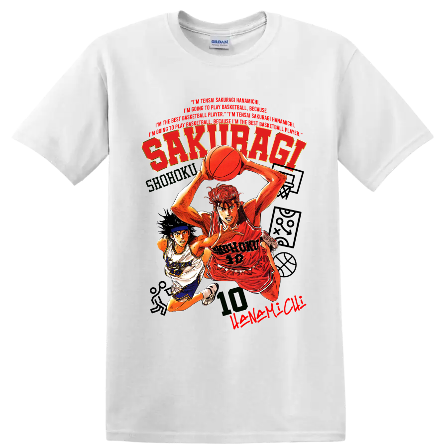 Slam Dunk manga graphic of Hanamichi Sakuragi and Nobunaga Kiyota playing basketball on a White T Shirt