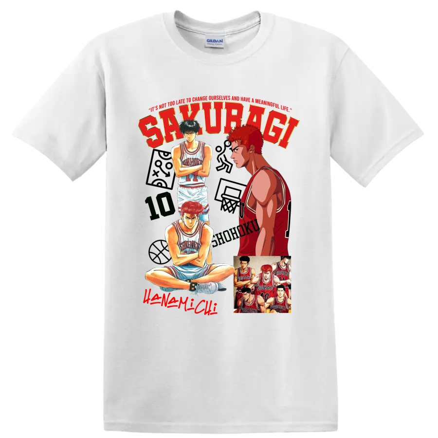 Slam Dunk manga collage of Hanamichi Sakuragi, Kaede Rukawa, and Shohoku players on a White T Shirt