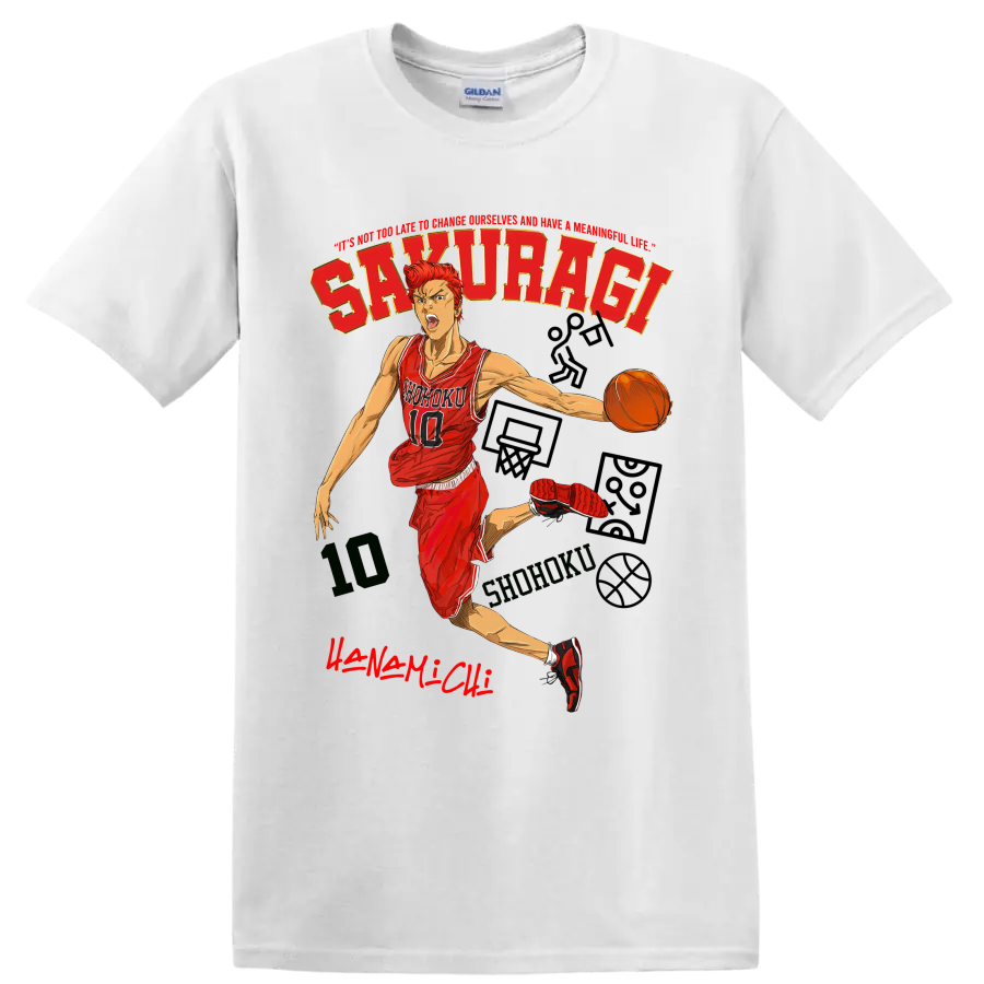 Hanamichi Sakuragi Slam Dunk manga basketball action graphic with Shohoku jersey on a White T Shirt