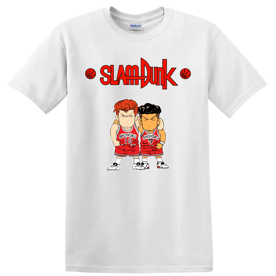Chibi Hanamichi Sakuragi and Ryota Miyagi in Shohoku uniforms beneath Slam Dunk logo on a White T Shirt