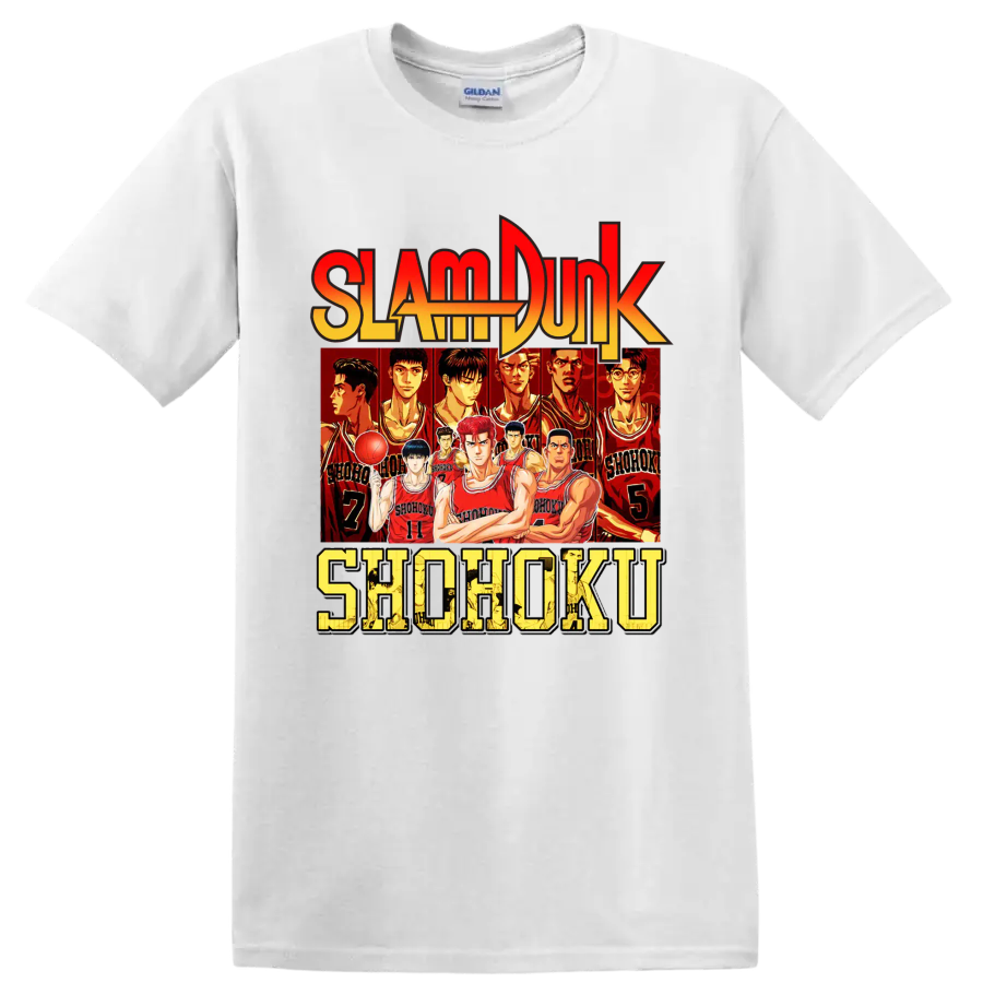 Slam Dunk Shohoku basketball team anime graphic with red jersey player lineup on a White T Shirt