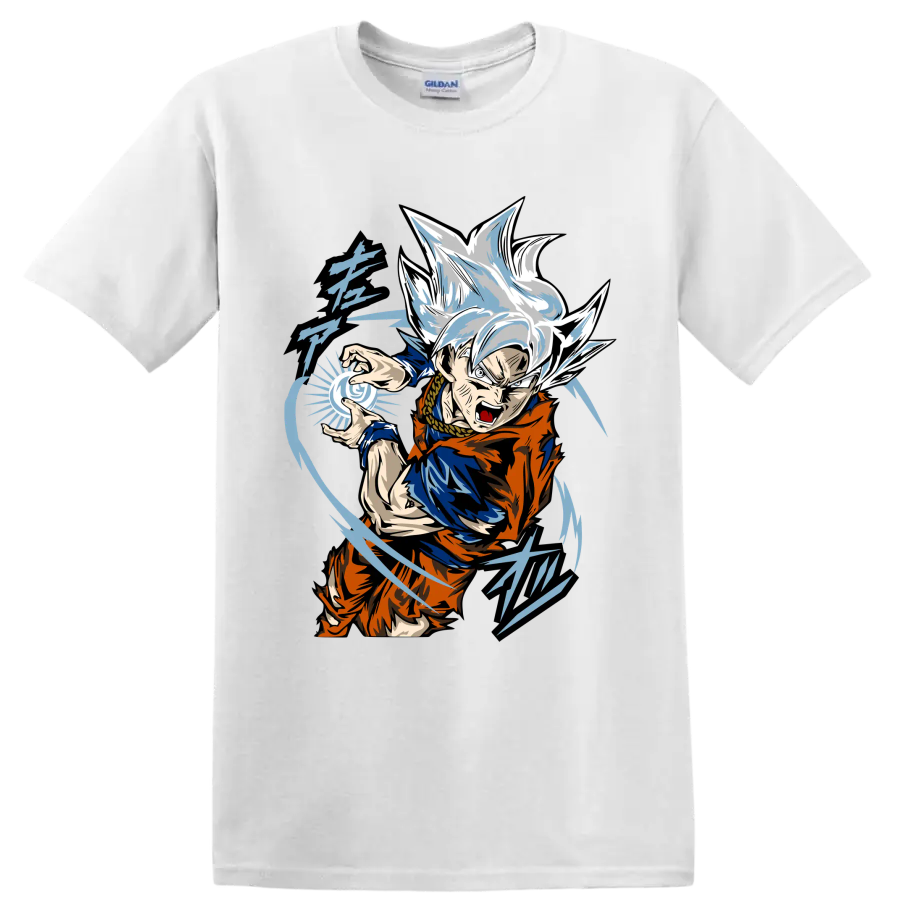 Goku Ultra Instinct anime fighter with blue energy sphere and sweeping action lines on a White T Shirt
