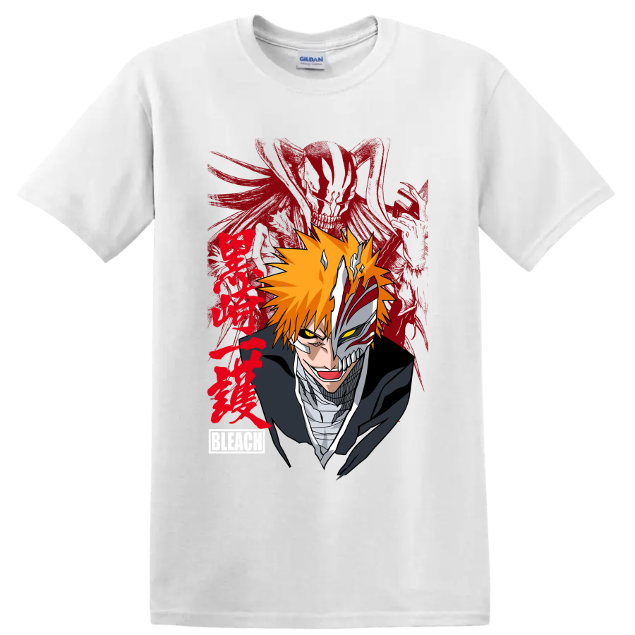 Ichigo Kurosaki split Hollow mask portrait with orange hair and red brushstroke art on a White T Shirt